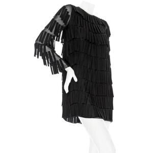 Valentino Voile Fringed Mini Shift Dress size IT 38 Black Long Sleeve